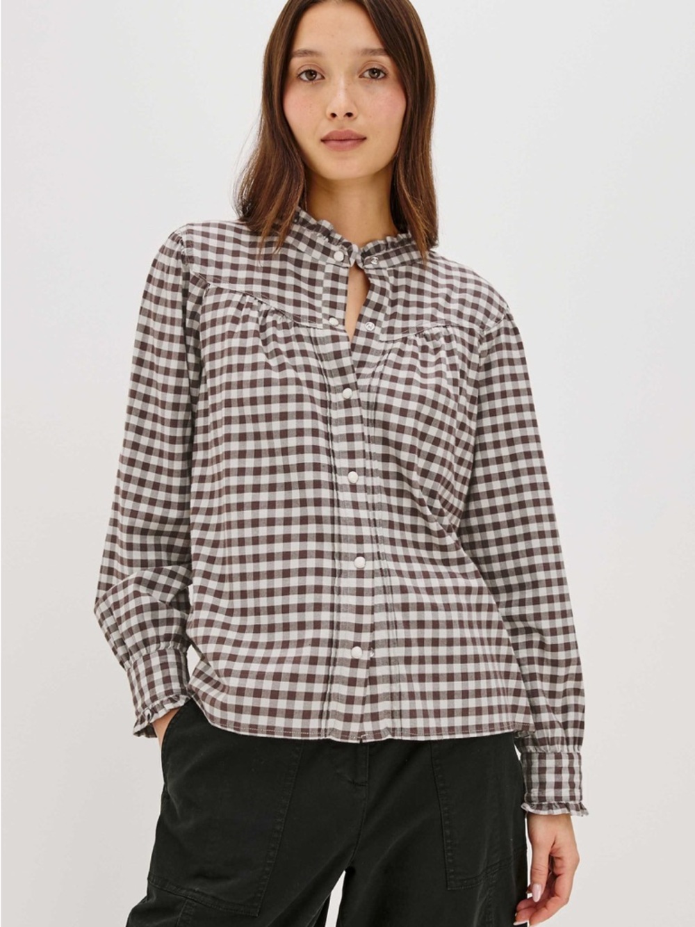 Rails Alanna Gingham Blouse Brown Check Ruffle Collar Snap Button Shirt Women